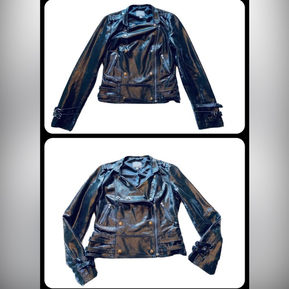 Kenna-T Black Embossed Leather Biker Moto Jacket Buckles Multiple Looks Medium - Picture 1 of 3